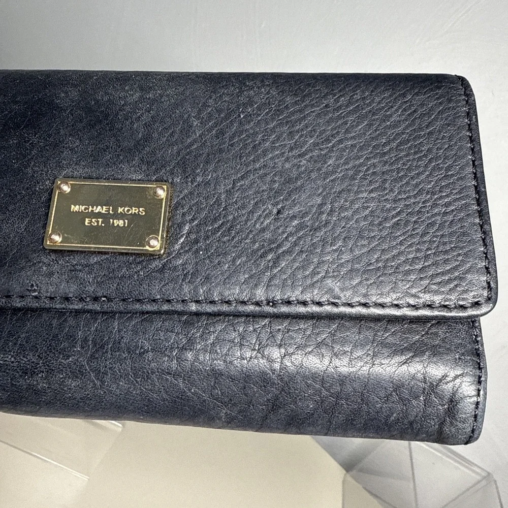 Michael Kors Black Soft Leather Twofold  Snap Zip Flap Women's Large Wallet